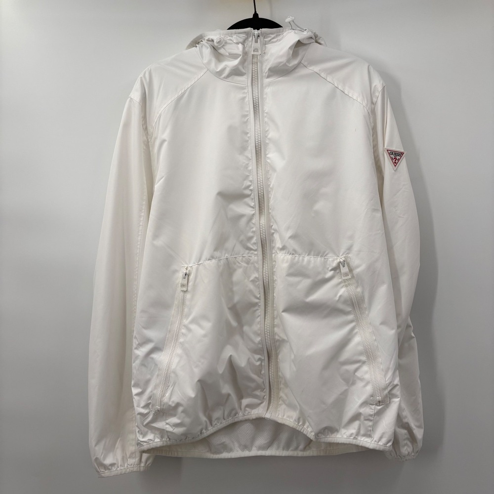 Guess Mens Size Large Hoodie Jacket Full Zip White Lightweight Logo